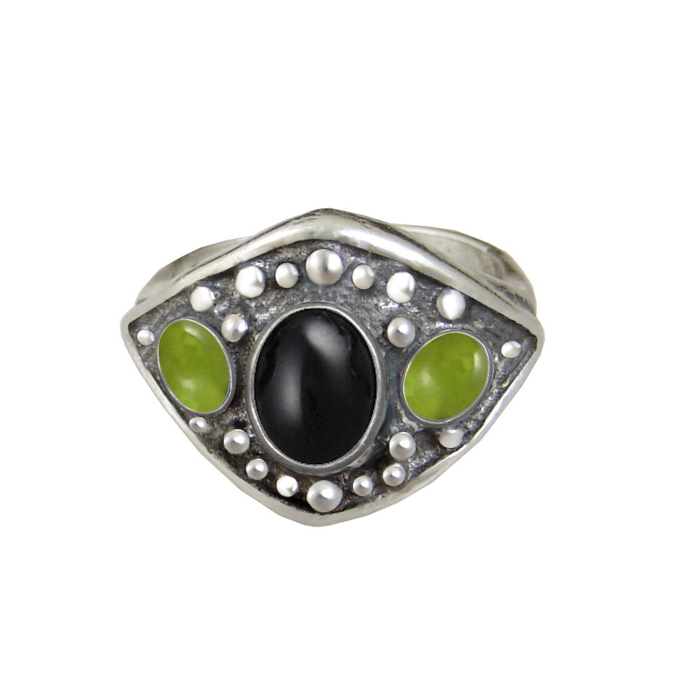 Sterling Silver Medieval Lady's Ring with Black Onyx And Peridot Size 9
